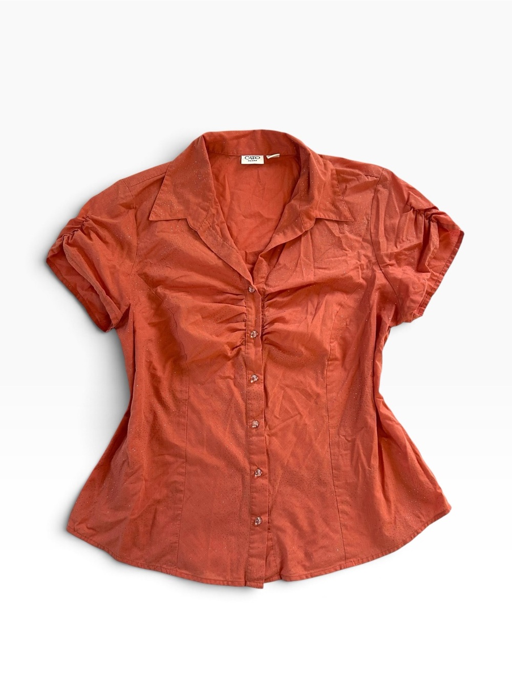 Y2K Coral Orange Sparkle Short Puff Sleeve Ruched Button-Down Blouse